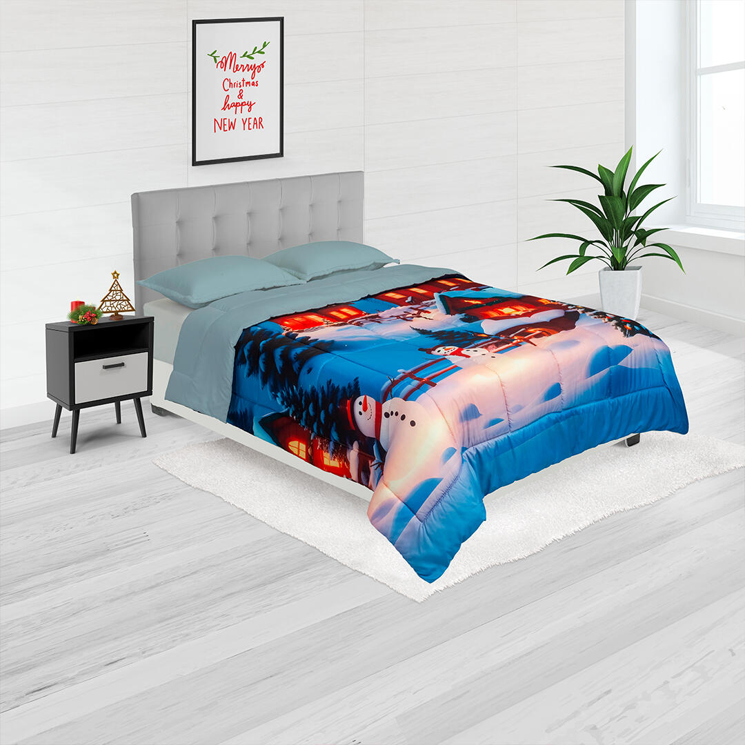 44Cubrelecho Navideño Doble Faz Muñecos De Navidad  Solo Fondo Azul Pastel